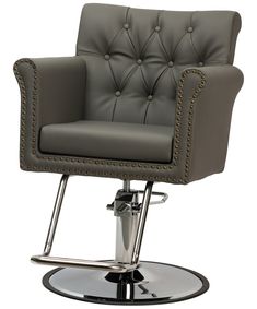 a gray leather chair with chrome legs and studded trimmings on the back