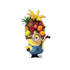 a minion with fruit on top of it's head is standing in front of a white background