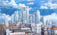 the city is surrounded by tall buildings and clouds