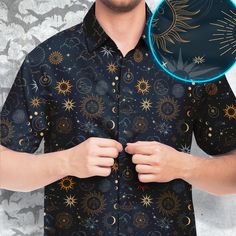 💀Work hard, party harder. Celestial Constellations Short Sleeve Button-Up Shirt features Exclusive, original artwork by NeoSkull. Each item is individually printed, cut, and sewn to ensure a flawless graphic with no imperfections. A great addition to Your alternative clothing wardrobe. Stay cool with this fun printed short-sleeve button-down shirt. It comes in regular width and spread collar. Perfect for those dressier hot days. Always up-to-date skull Decor Goth Clothing. * Fabric: 100% Polyes Mens Celestial Outfit, Black Short Sleeve Shirt With Moon Print, Celestial Fashion Men, Celestial Outfit Male, Whimsigoth Men, Astrology Outfits, Spacecore Outfits, Celestial Constellations, Magic Clouds