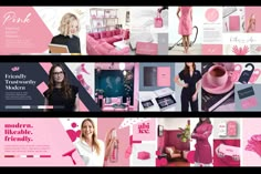 a collage of pink and black images with women's fashion items on them