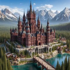 an aerial view of a castle with mountains in the back ground and water below it