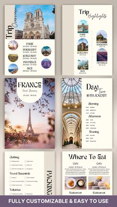 a set of brochures with the words france on them and pictures of paris