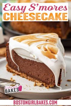 a slice of chocolate cheesecake on a plate with the text easy s'mores cheesecake