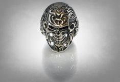 Sterling Silver Ring 925 Sugar Skull Flowers Tattoo Wings Ring Unique Gift Skull-shaped Hallmarked Rings, Silver Skull Ring Collectible, Nickel-free Silver Skull Rings, Silver Engraved Skull Ring, Silver Oxidized Skull Ring, Unique Silver Skull Rings, Silver Symbolic Skull Ring Hallmarked, Gothic Skull Ring With Polished Finish Gift, Gothic Skull Ring With Polished Finish