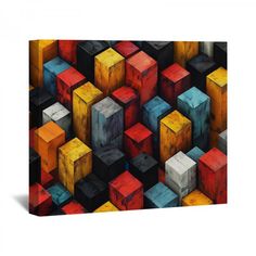 an abstract painting of colorful cubes on a black background canvas print wall art decor