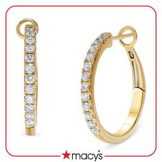 Elegance abounds in these gorgeous hoop earrings embellished with dazzling round-cut diamonds. Macy's Yellow Gold Diamond Earrings For Anniversary, Macy's 14k Gold Diamond Earrings For Anniversary, Macy's Yellow Gold Round Diamond Earrings, Macy's Yellow Gold Diamond Earrings With Accents, Yellow Gold Diamond Earrings With Vs Clarity, Macy's Classic Yellow Gold Diamond Earrings, Classic Round Diamond Earrings From Macy's, Classic Diamond Hoop Earrings By Macy's, Anniversary Diamond Hoop Earrings From Macy's