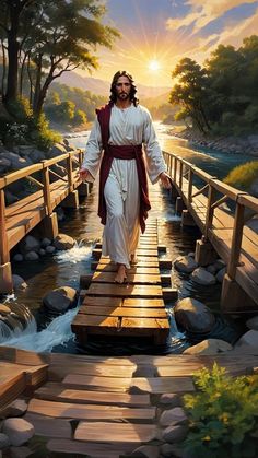 jesus walking across a bridge over a river with his hands in his pockets as the sun sets