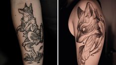 two different tattoos on the arms of people, one with a fox and another with a bird