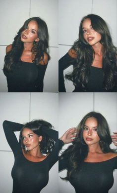 four pictures of a woman with long hair and wearing black clothing, posing in front of a white wall