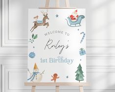 an easel with a sign that says welcome to riley's 1st birthday