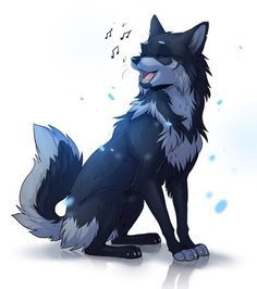 a black and white wolf sitting on the ground with music notes in it's mouth