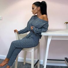 Lay flat to measure Gray Knitted Sweater For Loungewear, Fitted Knitted Sweater For Loungewear, Casual Knit Sweater For Lounging, 2 Piece Jumpsuit, Long Sleeve Suit, Suit Jumpsuit, 2 Piece Skirt Set, Waist Trainer Corset, Sweater Collection