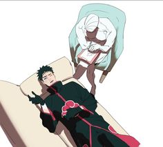 an anime character laying on a bed next to another character