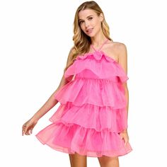 Haute couture inspired by Paris fashion week, our Barbie Pink Ruffle Tiered Dress gives you a high-fashion look without breaking the bank! She features a sleeveless halter neckline with tie closure, an open back, and a tiered voluminous silhouette... Spring Party Mini Dress With Layers, Flirty Sleeveless Ruffle Dress For Prom, Layered Mini Dress For Spring Party, Spring Party Layered Mini Dress, Ruffle Halter Dress For Wedding, Summer Tiered Mini Dress For Prom, Tiered Mini Dress For Summer Prom, Glamorous Spring Tiered Skirt Dress, Summer Evening Tiered Dress