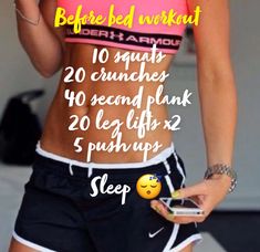 a woman in a pink sports bra top and black shorts holding a cell phone with the text before bed workout