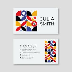 two business cards with colorful shapes on them