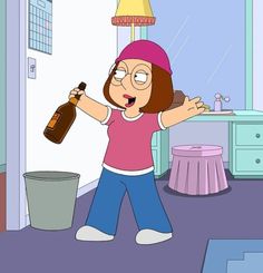 the cartoon character is holding a bottle in her hand