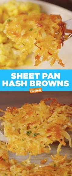 hash browns on a plate with a fork in it and the words, sheet pan hash browns