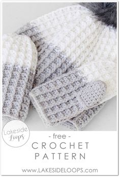 two crochet mittens are shown with the text, free crochet pattern