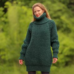 "THICK HAND KNITTED WOOL SWEATER by SuperTanya Brand: SuperTanya; Style: hand knitted wool sweater; Material: premium class soft thick wool; Color: Green Design: Ribbed wool sweater; Size & Measurements of the sweater: Size XL, XXL Body length, measured from the shoulder top to the bottom end: 28.3\" / 75 cm; Chest width, measured at the back, between the underarms: 23.6\" / 60 cm; Sleeve length, measured from the neckline to the end of the cuff: 29.5\" / 75 cm Turtleneck: 13.8'' / 35 cm *All me Fitted Chunky Knit Sweater, Fitted Green Cable Knit Sweater, Fitted Winter Knitting Pattern, Fitted Hand Knitted Turtleneck Sweater, Fitted Knit Knitting Pattern For Winter, Green Chunky Knit Sweater For Winter, Cozy Fitted Knitting Pattern For Fall, Fitted Wool Knitted Sweater, Winter Chunky Knit Fitted Knitting Pattern