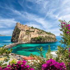 an island in the middle of blue water with purple flowers around it and buildings on top