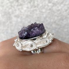 Druzy amethyst ring adjustable Sterling silver Purple raw crystal ring victorian style filigree ring handmade artisan ring made in Armenia 【FULL DETAILS】 ► Gemstone: natural druzy amethyst ► RING SIZE: adjustable (but choose from the option) ► RING WEIGHT: 19.9 gr (0.043 lb) All our jewelry is crafted with great attention to detail! We strive to provide you the best quality, modern design, and perfect look!! All our jewelry is made of high-quality sterling silver and is stamped with a 925 stamp Ornate Amethyst Silver Rings, Bohemian Amethyst Crystal Ring In Silver, Amethyst Filigree Ring, Bohemian Silver Amethyst Ring With Stone Setting, Unique Amethyst Crystal Ring For Wedding, Handmade Bohemian Amethyst Ring In Sterling Silver, Unique Silver Amethyst Ring With Large Stone, Handmade Bohemian Amethyst Ring, Unique Silver Amethyst Crystal Ring