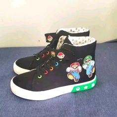 New In Box. Black High-top Canvas Shoes For School, Black High-top Synthetic Canvas Shoes, Black Round Toe Canvas Shoes For School, Super Mario, Kids Shoes, Nintendo, Mario, Kids Shop, Black