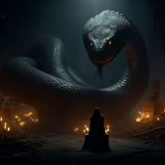 a woman standing in front of a giant snake with glowing eyes and long black hair