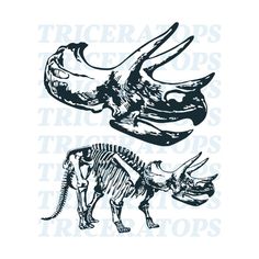 two stencils of dinosaurs with the words tricera tops on them and an image of a dinosaur skeleton