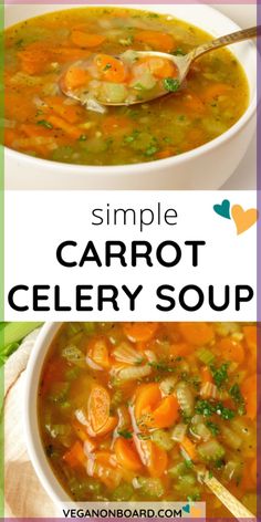 two bowls filled with carrot and celery soup