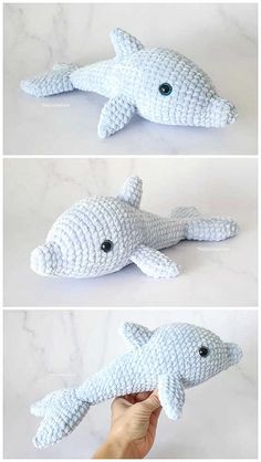 two pictures of a stuffed shark with different angles and colors, one is white and the other is light blue