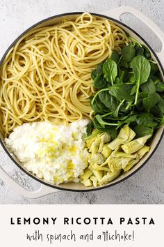 lemony ricotta pasta with spinach and artichoke in a skillet