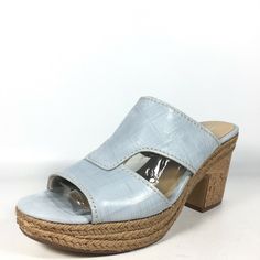 #10112 - 7.21.17lt13 Naturalizer "Evette" Women's 10.5 M Blue Leather Platform Sandal Heels New with box. Please check all photos and feel free to contact us with any questions or concerns before purchase.   Every item we sell is guaranteed to be 100% genuine and authentic! Check photos thoroughly if condition isn't new.   Payment: Currently we only accept PayPal. Immediate payment is required. Shipping may take up to two days after payment, but we try to process same day. You will receive an em Spring Wedge Heel Mules With Reinforced Heel, Blue Sandals With Reinforced Heel, Spring Mules With Reinforced Heel And Wedge Shape, Blue Mules With Wooden Heel For Spring, Blue Spring Mules With Wooden Heel, Synthetic Heels With Wooden Heel And Almond Toe, Blue Leather Wedge Sandals For Spring, Blue Mules With Removable Insole, Light Blue High Heel Leather Sandals