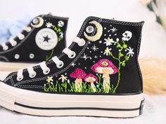 " Embroidered Converse Eye Mushroom Converse Embroidery Mushroom, Custom Shoes Embroidered Moon, Halloween Sneakers, Gift for Halloween LT "   CONVERSE ∙ EMBROIDERED ∙ EYE MUSHROOM AND MOON * Material: High-quality premium cotton embroidery thread, colorfast * Dimensions: Tailored to your selected US shoe size * Finish: High-end embroidery ∙ Sharp threading ∙ Colorfast * All shoes are custom-made by hand with Love and Care in our workshop ♡ 🎁 UNIQUE POINTS 🎁 Includes 1 pair of socks Free custo Converse Mushroom, Converse Embroidery, Embroidery Styles, High Top Chucks, Embroidery Works, Ocean Vibes