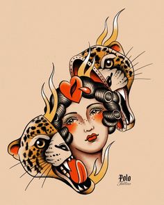 a drawing of a woman with two leopards on her head