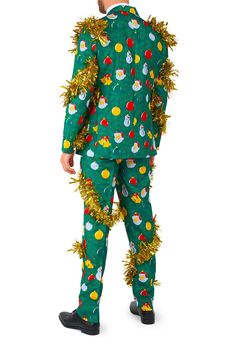 Decorated trees and golden tinsel bring Christmas cheer to this trim-fit suit that keeps you reveling all season in a jacket, pants and matching tie. Includes matching jacket, pants and tie Great for the Holidays 33 1/2" inseam; 15 1/2" leg opening Jacket has notched lapels; four-button cuffs; chest welt pocket; front flap pockets Lined 100% polyester Machine wash, line dry Imported Cheese Wedding, Decorated Trees, Suit Tie, Santa's Workshop, Green Suit, Trim Fit, Fall Accessories, Fitted Suit, How To Make Shoes