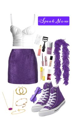 purple and white outfit with high top converses, necklaces, bracelets, ring, earrings, lipstick, hair clip, makeup