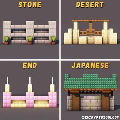 four different types of pixel art with the words stone, desert, and japan on them