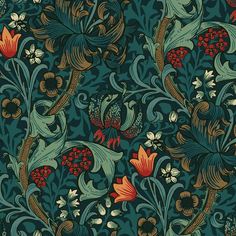 an intricately designed wallpaper with flowers and leaves in green, red, yellow and orange colors