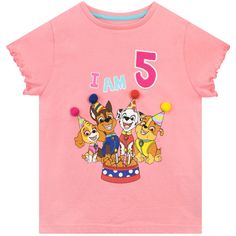 Get your little pup ready for a fun day of birthday celebrations with the Paw Patrol team in this cute Paw Patrol t-shirt! This cute pink tee features the partially embroidered slogan 'I Am 5' and showcases a print of favorite characters Skye, Chase, Marshall and Rubble dressed in their party gear, including 3D pom poms on their party hats for some fun added texture! The lettuce trim sleeves add extra style to this cute top, making it the paw-fect option for your birthday pup's special day! Paw Patrol T Shirt, Kids Pajamas Boys, Paw Patrol Girl, Pink Paws, Paw Patrol Nickelodeon, Paw Patrol Birthday, Birthday Tee, Pink Tee, Pink Tshirt