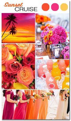 a collage of different pictures with flowers and drinks in them, including oranges, pinks, yellows, and green