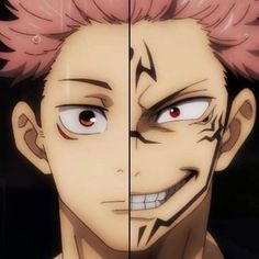 an anime character with pink hair and red eyes looks at the camera, while another is looking to his left