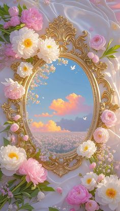 a mirror with flowers surrounding it and a sky in the background that looks like a painting