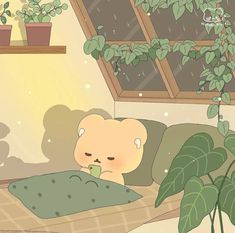 a teddy bear sitting on top of a bed next to a plant in a window sill