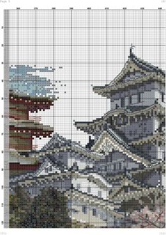 a cross stitch pattern with pagodas in the background