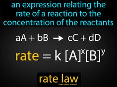 Rate Law definition: An expression relating the rate of a reaction to the concentration of the reactants. Chemistry Lessons, Science Nerd, Science Lover, Stem For Kids