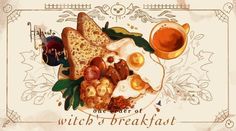 an illustration of a plate of food with bread, eggs and fruit on it that says one piece of witch's breakfast