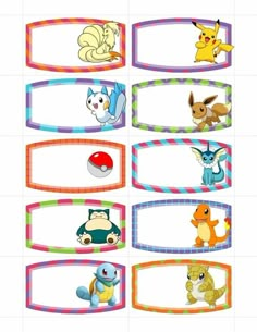 pokemon name tags with different types of characters in the center and on each one side