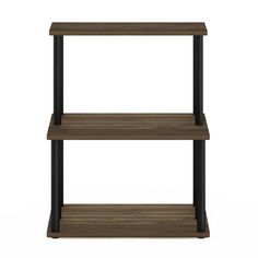 three tiered wooden shelf with black metal legs and two shelves on each side, against a white background